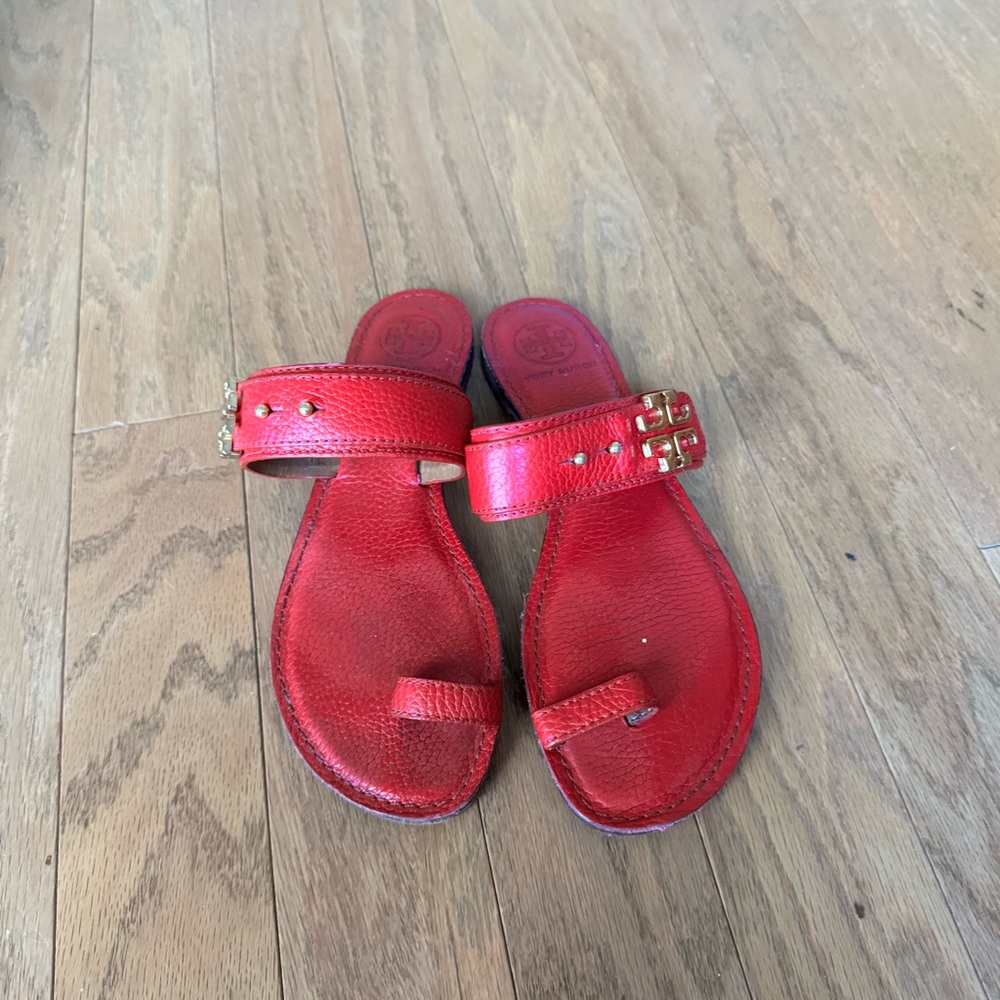 Tory Burch Red Leather Toe-Ring Slide Sandals with Gold Hardware